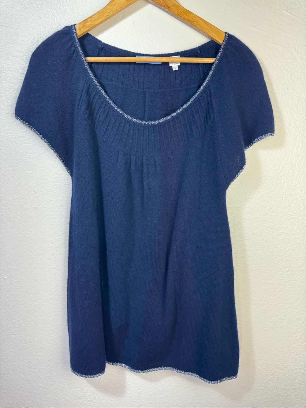 Acrobat Navy Cashmere Blend Short Sleeve Knit Top Silver Trim Large